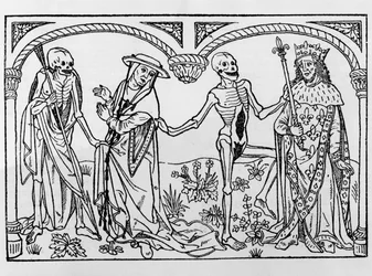 Śmierć zabierająca kardynała i króla, z Tańca śmierci, wydano w Paryżu, 1485